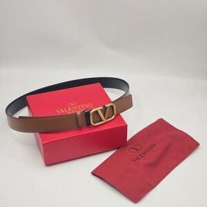 Valentino Tan Leather Belt with Gold V Buckle